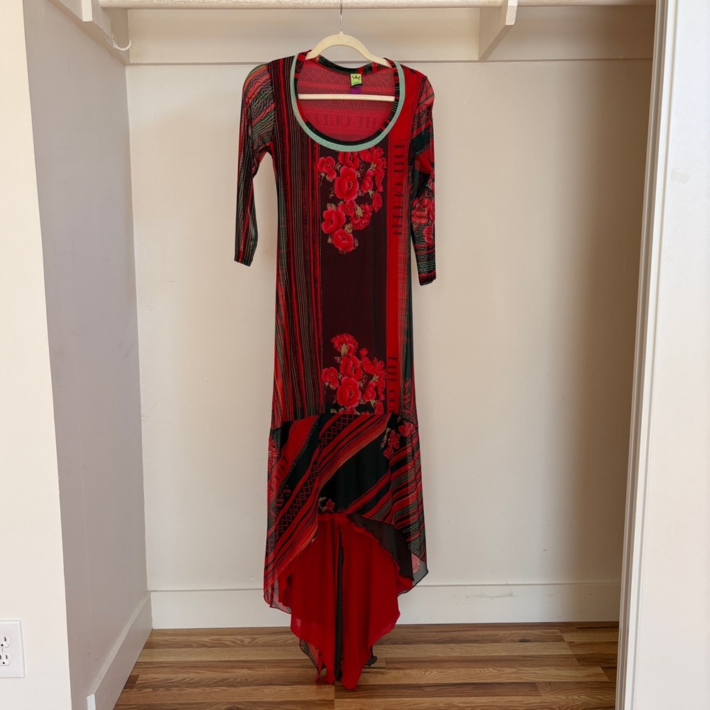 Save the Queen Long Red Floral Print Asymmetric Dress Size S